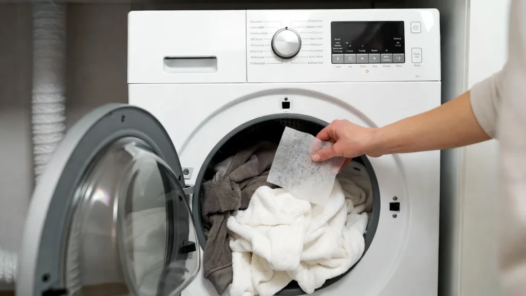 a modern clothes dryer with a dryer sheet